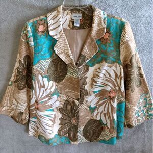Chicos Sz 1 / M Blazer Floral 3/4 Sleeve Cotton Teal Tan Coral Neutral Coastal